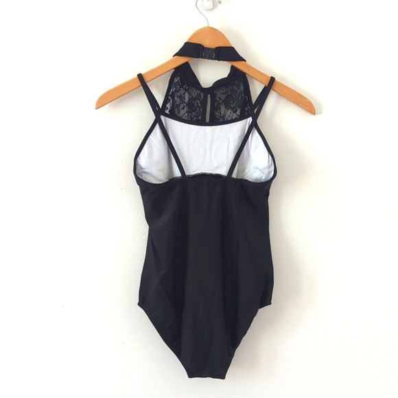 (3) NWT New Black Mesh Lace Halter Leotard Dance Gymnastics Bodysuit Sz Medium - Picture 7 of 12